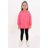 Toontoy Kız Çocuk 2'li Takım Baskılı Kapüşonlu Düşük Omuz Cepli Yırtmaçlı Sweatshirt & Basic Düz Tayt - Fuşya - 4