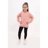 Toontoy Kız Çocuk 2'li Takım Baskılı Kapüşonlu Düşük Omuz Cepli Yırtmaçlı Sweatshirt & Basic Düz Tayt - Mercan - 5