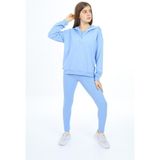 Toontoy Kız Çocuk 2'li Takım Baskılı Kapüşonlu Düşük Omuz Çıtçıtlı Sweatshirt & Basic Düz Tayt - Mavi - 13 - 14 Yaş