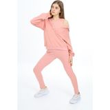 Toontoy Kız Çocuk 2'li Takım Baskılı Kapüşonlu Düşük Omuz Çıtçıtlı Sweatshirt & Basic Düz Tayt - Mercan - 8 - 9 Yaş