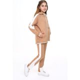 Toontoy Kız Çocuk 2'li Takım Baskılı Kapüşonlu Fermuarlı Cepli Sweatshirt & Beli Paçası Lastikli Jogger Eşofman Altı - Bant Detaylı & 2 Iplik - Kahverengi - 6 – 7 Yaş