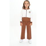 Toontoy Kız Çocuk 2'li Takım Baskılı Kapüşonlu Fermuarlı Sweatshirt & Beli Lastikli Bol Paça Eşofman Altı - Renk Bloklu & Nervürlü & 2 Iplik - Kahverengi - 4