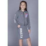 Toontoy Kız Çocuk 2'li Takım Baskılı Kapüşonlu Fermuarlı Sweatshirt & Cepli Basic Kalem Etek - Antrasit - 12