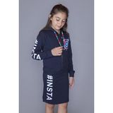 Toontoy Kız Çocuk 2'li Takım Baskılı Kapüşonlu Fermuarlı Sweatshirt & Cepli Basic Kalem Etek - Lacivert - 14 Yaş