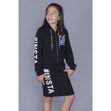 Toontoy Kız Çocuk 2'li Takım Baskılı Kapüşonlu Fermuarlı Sweatshirt & Cepli Basic Kalem Etek - Siyah - 14 Yaş