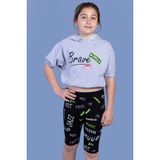 Toontoy Kız Çocuk 2'li Takım Baskılı Kapüşonlu Kısa Kollu Crop Sweatshirt & Basic Düz Crop Tayt - Gri - 6