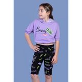 Toontoy Kız Çocuk 2'li Takım Baskılı Kapüşonlu Kısa Kollu Crop Sweatshirt & Basic Düz Crop Tayt - Lila - 12