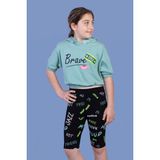 Toontoy Kız Çocuk 2'li Takım Baskılı Kapüşonlu Kısa Kollu Crop Sweatshirt & Basic Düz Crop Tayt - Yeşil - 8