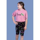 Toontoy Kız Çocuk 2'Li Takım Baskılı Kapüşonlu Kısa Kollu Crop Sweatshirt & Basic Düz Crop Tayt