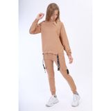 Toontoy Kız Çocuk 2'li Takım Baskılı Kapüşonlu Reglan Kol Sweatshirt & Beli Lastikli Cepli Eşofman Altı - Şerit Detaylı - 14 Yaş - Kahverengi