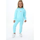 Toontoy Kız Çocuk 2'li Takım Baskılı Kapüşonlu Sweatshirt & Beli Paçası Lastikli Jogger Eşofman Altı - Garni Detaylı & 2 Iplik - Su Yeşili - 6