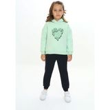 Toontoy Kız Çocuk 2'li Takım Baskılı Kapüşonlu Sweatshirt & Beli Paçası Lastikli Jogger Eşofman Altı - Renk Bloklu & 3 Iplik Şardonlu - Mint Yeşili - 4
