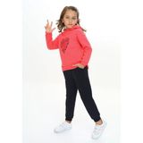Toontoy Kız Çocuk 2'li Takım Baskılı Kapüşonlu Sweatshirt & Beli Paçası Lastikli Jogger Eşofman Altı - Renk Bloklu & 3 Iplik Şardonlu - Nar Çiçeği - 5