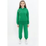 Toontoy Kız Çocuk 2'li Takım Baskılı Kapüşonlu Sweatshirt & Beli Paçası Ribanalı Cepli Jogger Eşofman Altı - TK22914 - Çimen Yeşili - 13-14