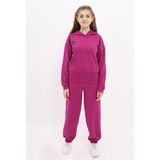 Toontoy Kız Çocuk 2'li Takım Baskılı Kapüşonlu Sweatshirt & Beli Paçası Ribanalı Cepli Jogger Eşofman Altı - TK22914 - Mürdüm - 8 - 9 Yaş