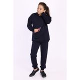 Toontoy Kız Çocuk 2'li Takım Baskılı Kapüşonlu Torba Cepli Asimetrik Sweatshirt & Beli Paçası Lastikli Cepli Jogger Eşofman Altı - 2 Ipilk - Lacivert - 13-14