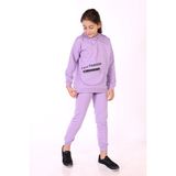 Toontoy Kız Çocuk 2'li Takım Baskılı Kapüşonlu Torba Cepli Asimetrik Sweatshirt & Beli Paçası Lastikli Cepli Jogger Eşofman Altı - 2 Ipilk - Lila - 10-11