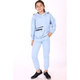 Toontoy Kız Çocuk 2'li Takım Baskılı Kapüşonlu Torba Cepli Asimetrik Sweatshirt & Beli Paçası Lastikli Cepli Jogger Eşofman Altı - 2 Ipilk - Mavi - 8 - 9 Yaş