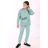 Toontoy Kız Çocuk 2'li Takım Baskılı Kapüşonlu Torba Cepli Asimetrik Sweatshirt & Beli Paçası Lastikli Cepli Jogger Eşofman Altı - 2 Ipilk - Yeşil - 6 – 7 Yaş