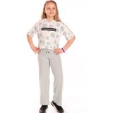 Toontoy Kız Çocuk 2'li Takım Baskılı Kısa Kollu Kapüşonlu Sweatshirt & Beli Lastikli Yanı Bantlı Bol Paça Eşofman Altı - 30/1 Penye - Gri - 6 – 7 Yaş
