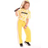 Toontoy Kız Çocuk 2'li Takım Baskılı Kısa Kollu Kapüşonlu Sweatshirt & Beli Lastikli Yanı Bantlı Bol Paça Eşofman Altı - 30/1 Penye - Sarı - 10-11