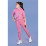 Toontoy Kız Çocuk 2'li Takım Baskılı Kısa Kollu Kapüşonlu Sweatshirt & Beli Paçası Lastikli Cepli Jogger Eşofman Altı - TK11242 - Gül Kurusu - 6