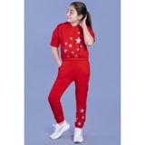Toontoy Kız Çocuk 2'li Takım Baskılı Kısa Kollu Kapüşonlu Sweatshirt & Beli Paçası Lastikli Cepli Jogger Eşofman Altı - TK11242 - Kırmızı - 8