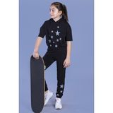 Toontoy Kız Çocuk 2'li Takım Baskılı Kısa Kollu Kapüşonlu Sweatshirt & Beli Paçası Lastikli Cepli Jogger Eşofman Altı - TK11242 - Siyah - 8
