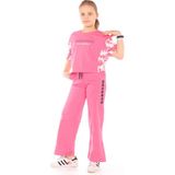 Toontoy Kız Çocuk 2'li Takım Baskılı Kısa Kollu Sweatshirt & Beli Lastikli Yırtmaçlı Bol Paça Eşofman Altı - 30/1 Penye - Fuşya - 13-14