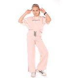 Toontoy Kız Çocuk 2'li Takım Baskılı Kısa Kollu Sweatshirt & Beli Lastikli Yırtmaçlı Bol Paça Eşofman Altı - 30/1 Penye - Pudra - 6 – 7 Yaş