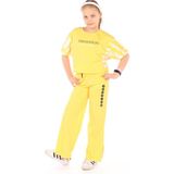 Toontoy Kız Çocuk 2'li Takım Baskılı Kısa Kollu Sweatshirt & Beli Lastikli Yırtmaçlı Bol Paça Eşofman Altı - 30/1 Penye - Sarı - 13-14