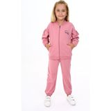 Toontoy Kız Çocuk 2'li Takım Baskılı Kolej Yaka Fermuarlı Cepli Sweatshirt & Beli Paçası Lastikli Cepli Jogger Eşofman Altı -TK24219 - Gül Kurusu - 5
