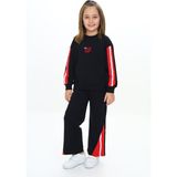 Toontoy Kız Çocuk 2'li Takım Baskılı Kolej Yaka Fermuarlı Reglan Kol Sweatshirt & Beli Paçası Ribanalı Jogger Eşofman Altı - 2 Iplik - Siyah - 5