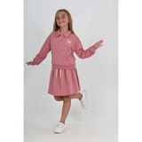 Toontoy Kız Çocuk 2'li Takım Baskılı Polo Yaka Çıtçıtlı Düşük Omuz Cepli Sweatshirt & Bağcıklı Pileli Etek - Gül Kurusu - 10 Yaş