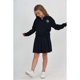 Toontoy Kız Çocuk 2'li Takım Baskılı Polo Yaka Çıtçıtlı Düşük Omuz Cepli Sweatshirt & Bağcıklı Pileli Etek - Lacivert - 12