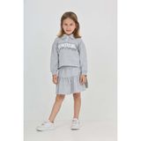 Toontoy Kız Çocuk 2'li Takım Baskılı Polo Yaka Düğmeli Düşük Omuz Sweatshirt & Kat Kat Büzgülü Etek - Gri - 7