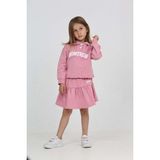 Toontoy Kız Çocuk 2'li Takım Baskılı Polo Yaka Düğmeli Düşük Omuz Sweatshirt & Kat Kat Büzgülü Etek - Gül Kurusu - 8