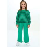Toontoy Kız Çocuk 2'li Takım Çizgili Bisiklet Yaka Yırtmaçlı Sweatshirt & Beli Lastikli Bol Paça Eşofman Altı - 2 Iplik - Çimen Yeşili - 5