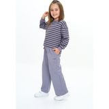 Toontoy Kız Çocuk 2'li Takım Çizgili Bisiklet Yaka Yırtmaçlı Sweatshirt & Beli Lastikli Bol Paça Eşofman Altı - 2 Iplik - Koyu Gri - 7
