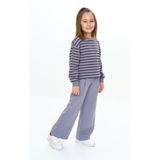 Toontoy Kız Çocuk 2'li Takım Çizgili Bisiklet Yaka Yırtmaçlı Sweatshirt & Beli Lastikli Bol Paça Eşofman Altı - 2 Iplik - Koyu Gri - 8