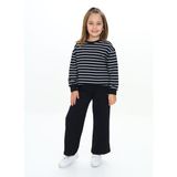 Toontoy Kız Çocuk 2'li Takım Çizgili Bisiklet Yaka Yırtmaçlı Sweatshirt & Beli Lastikli Bol Paça Eşofman Altı - 2 Iplik - Siyah - 6