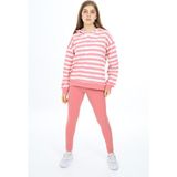 Toontoy Kız Çocuk 2'li Takım Çizgili Kapüşonlu Düşük Omuz Çıtçıtlı Sweatshirt & Basic Düz Tayt - Gül Kurusu - 10-11