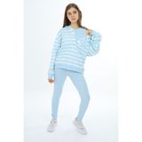 Toontoy Kız Çocuk 2'li Takım Çizgili Kapüşonlu Düşük Omuz Çıtçıtlı Sweatshirt & Basic Düz Tayt - Mavi - 8 - 9 Yaş