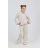 Toontoy Kız Çocuk 2'li Takım Çizgili Kapüşonlu Fermuarlı Cepli Sweatshirt & Beli Lastikli Bol Paça Eşofman Altı - Müslin - Bej - 6