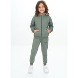 Toontoy Kız Çocuk 2'li Takım Dik Yaka Fermuarlı Cepli Sweatshirt & Beli Paçası Ribanalı Jogger Eşofman Altı - 2 Iplik - Yeşil - 5