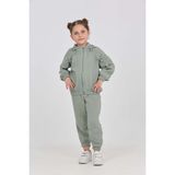 Toontoy Kız Çocuk 2'li Takım Dik Yaka Fermuarlı Reglan Kol Sweatshirt & Beli Paçası Lastikli Jogger Eşofman Altı - Fiyonk Detaylı & Dokuma Müslin - Yeşil