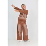 Toontoy Kız Çocuk 2'li Takım Eskitme Baskılı Bisiklet Yaka Sweatshirt & Beli Lastikli Cepli Bol Paça Eşofman Altı - 2 Iplik - Kahverengi - 8