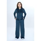 Toontoy Kız Çocuk 2'li Takım Fermuarlı Kapüşonlu Cepli Sweatshirt & Beli Lastikli Bol Paça Cepli Eşofman Altı - Şerit Detaylı & Kadife - 10 - 11 Yaş - Petrol - Mavi