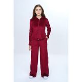 Toontoy Kız Çocuk 2'li Takım Fermuarlı Kapüşonlu Cepli Sweatshirt & Beli Lastikli Bol Paça Cepli Eşofman Altı - Şerit Detaylı & Kadife - 8 - 9 Yaş - Bordo