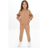 Toontoy Kız Çocuk 2'li Takım Kapüşonlu Cepli Reglan Kol Sweatshirt & Beli Paçası Lastikli Cepli Jogger Eşofman Altı - 2 Iplik - Kahverengi - 4